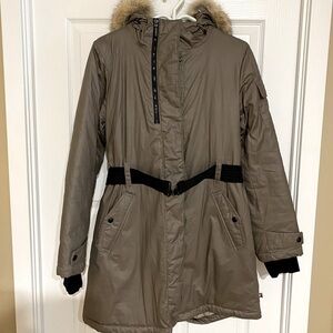 NWOT FUR Long Belted Parka With Fur Trim